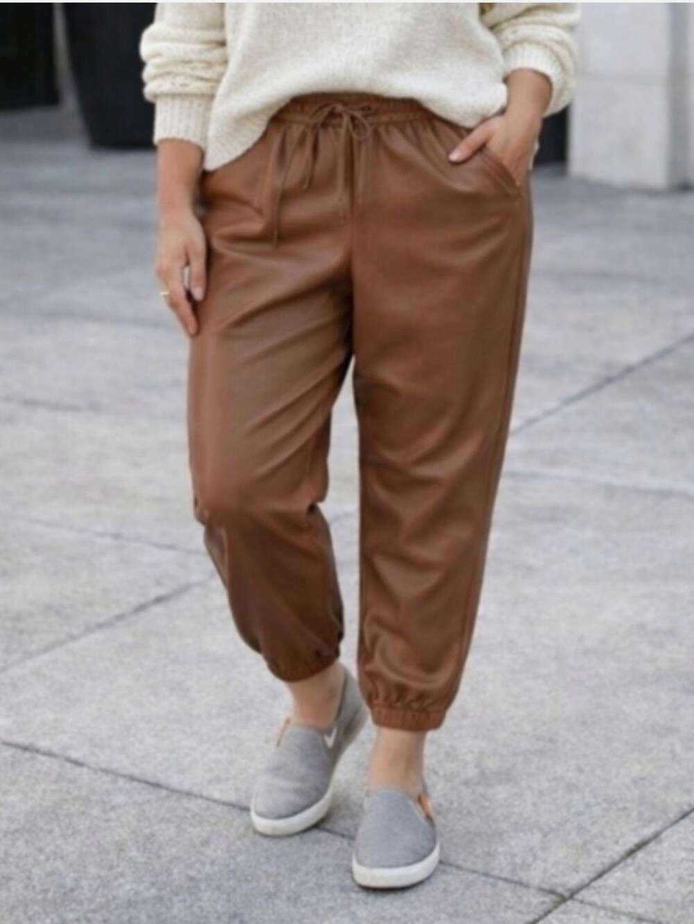 A New Day Faux Leather Jogger Pants Brown Pull-On Elastic Waist Pockets XXL